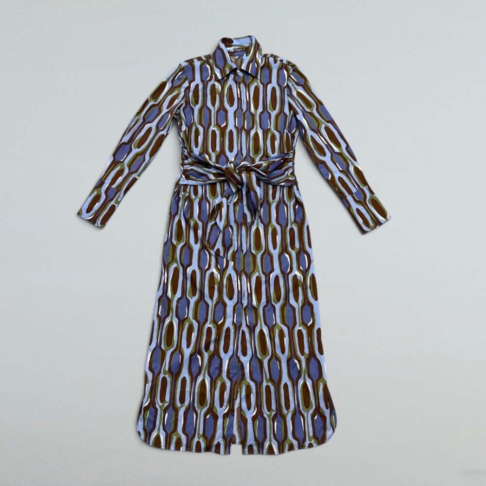 Women’s Geometric Print Maxi Shirt Dress Long Sleeve Tie Waist XS